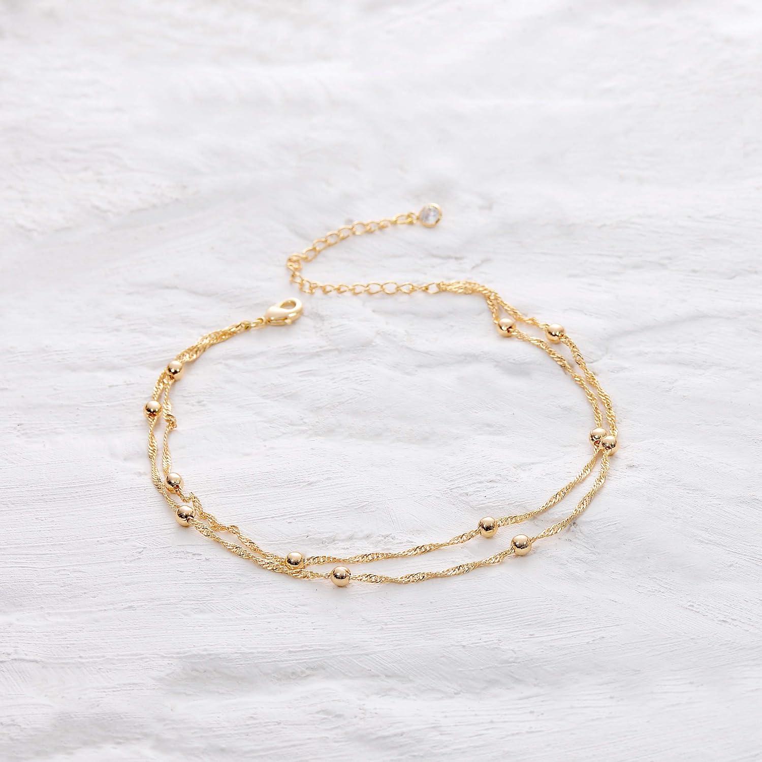 imageMEVECCO Anklet for Women Gold Chain 14K Gold Plated Dainty Boho Beach Summer Simple Foot Jewelry Ankle BraceletWave Bead