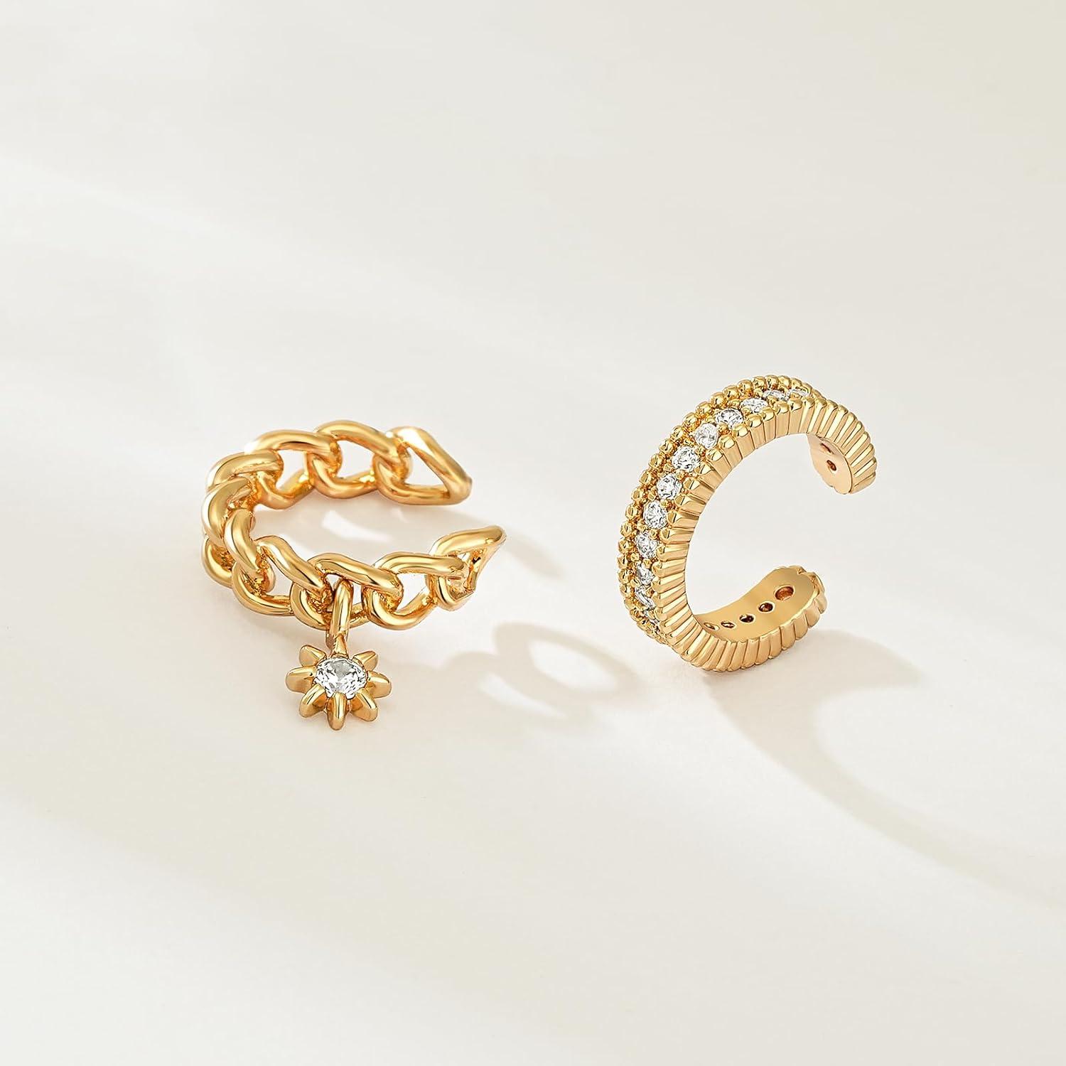 imageMEVECCO Ear Cuffs Non Piercing 18K Gold Plated Ear Cuff Earring Sets Clip on Cartilage Cubic Zirconia Pearl Minimalist Hypoallergenic Fake Hoop Earrings Stack Women Gifts2pcsChain