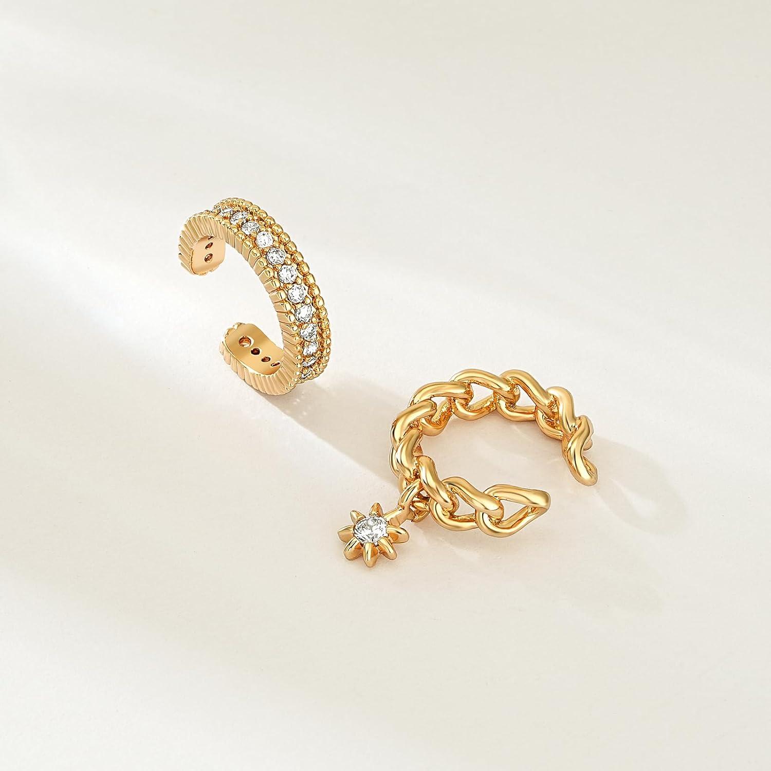 imageMEVECCO Ear Cuffs Non Piercing 18K Gold Plated Ear Cuff Earring Sets Clip on Cartilage Cubic Zirconia Pearl Minimalist Hypoallergenic Fake Hoop Earrings Stack Women Gifts2pcsChain