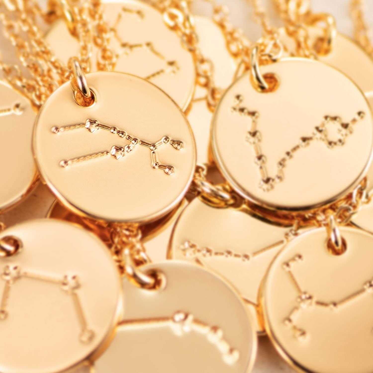 imageMEVECCO Gold Necklace Coin Disc Zodiac 12 Constellation Star Connected Engraved Horoscope Sign Astrology Pendant 18K Gold Plated Chain Dainty Personalized Simple JewelryConnected Libra
