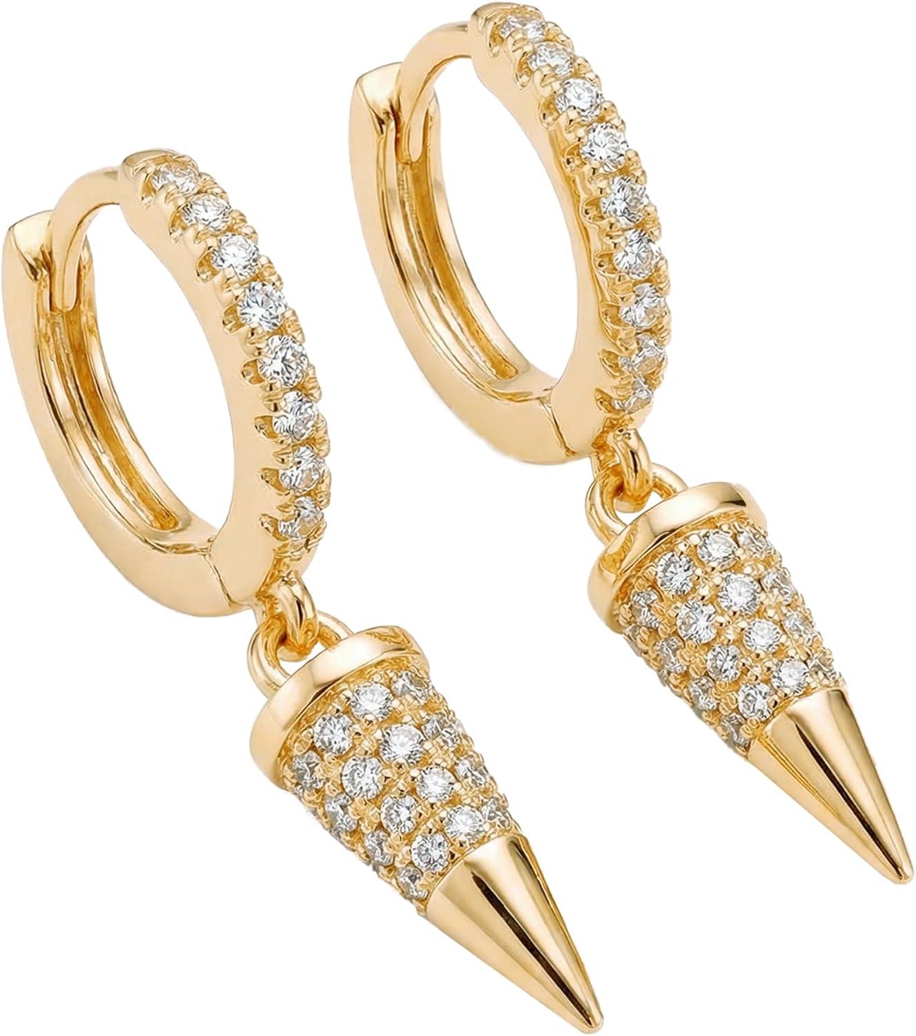 imageMevecco Gold Dainty Dangle Hoop Earrings for Women 14K Gold Plated Delicate cute Geometric Triangle Cone Dangle EarringsDSpike