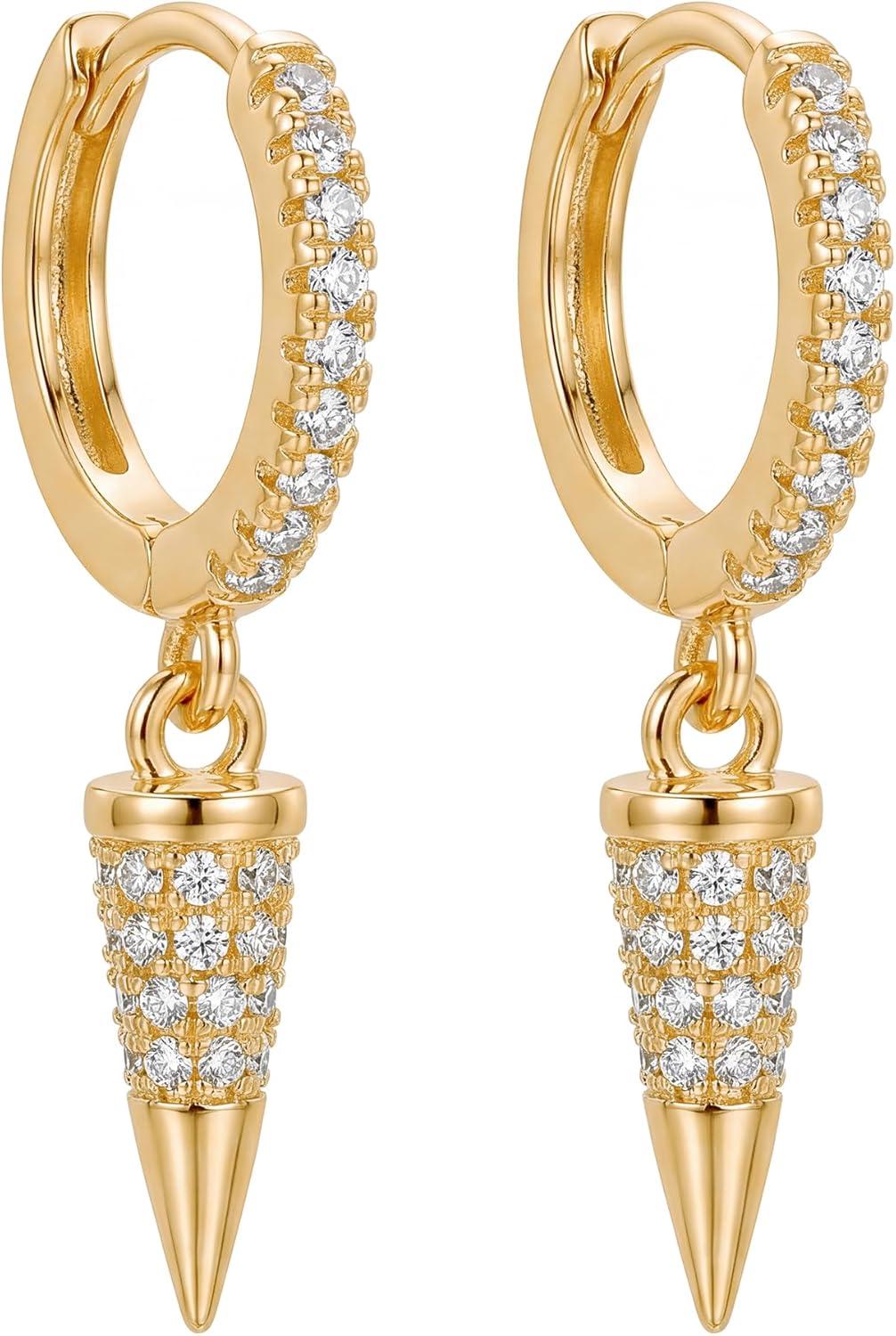 imageMevecco Gold Dainty Dangle Hoop Earrings for Women 14K Gold Plated Delicate cute Geometric Triangle Cone Dangle EarringsDSpike