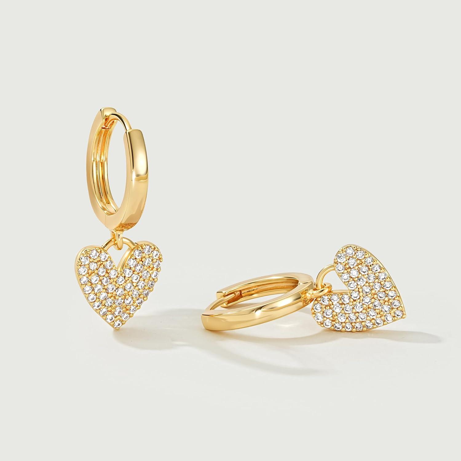imageMevecco Gold Dainty Dangle Hoop Earrings for Women 14K Gold Plated Delicate cute Geometric Triangle Cone Dangle EarringsHeart Dangle