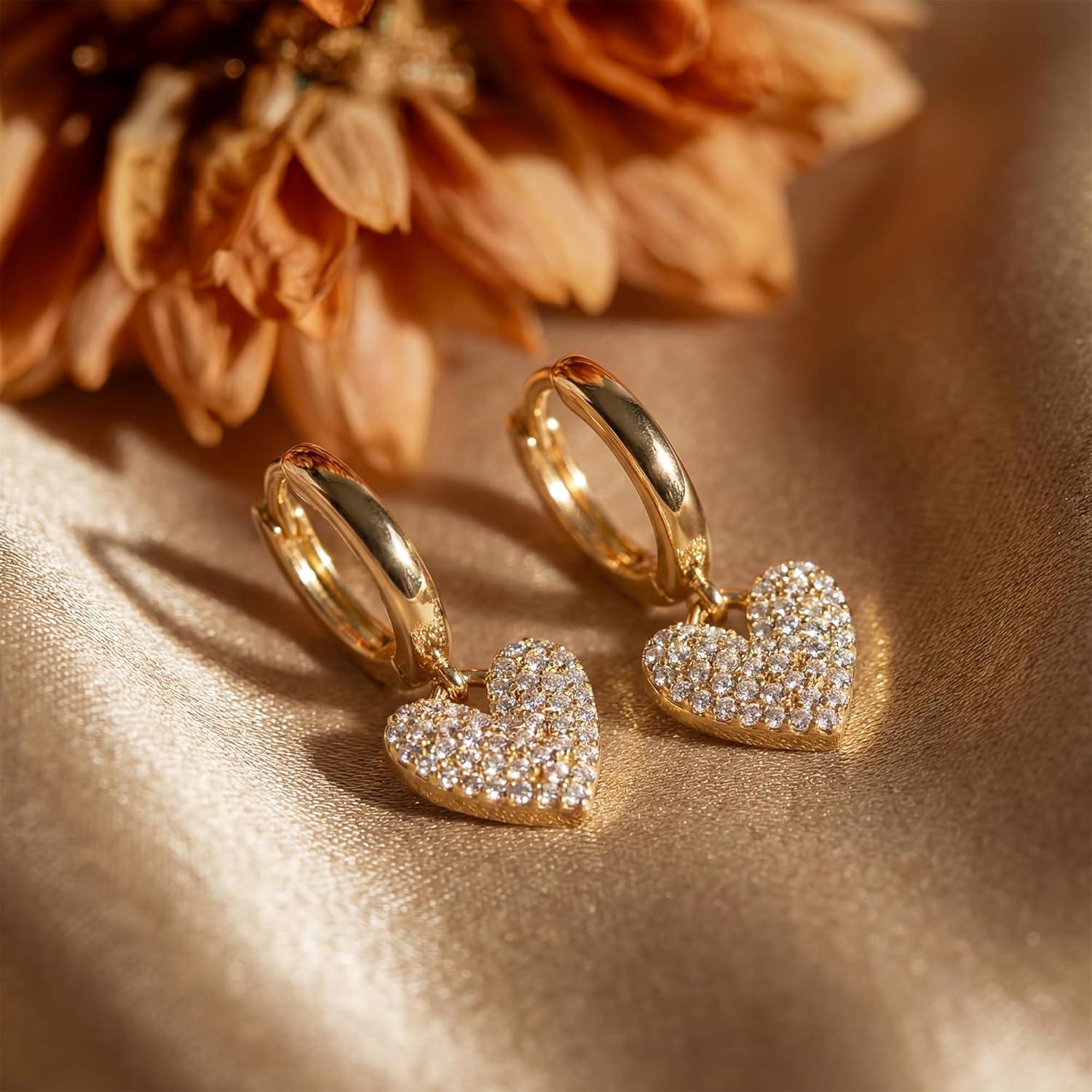 imageMevecco Gold Dainty Dangle Hoop Earrings for Women 14K Gold Plated Delicate cute Geometric Triangle Cone Dangle EarringsHeart Dangle