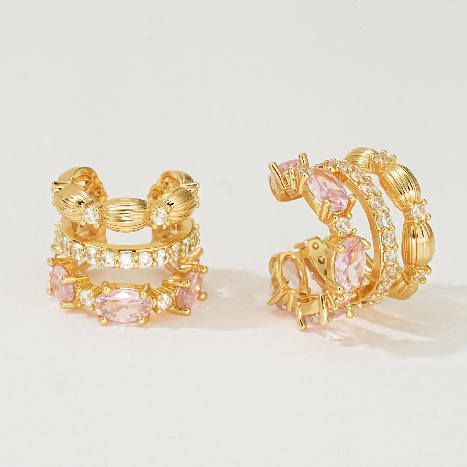 imageMEVECCO Ear Cuffs Non Piercing For Women 18K Gold Plated CZ Ear Cuff Earring Clip on Cartilage Fake Hoop Earrings Stack Jewelry GiftsPink Pair