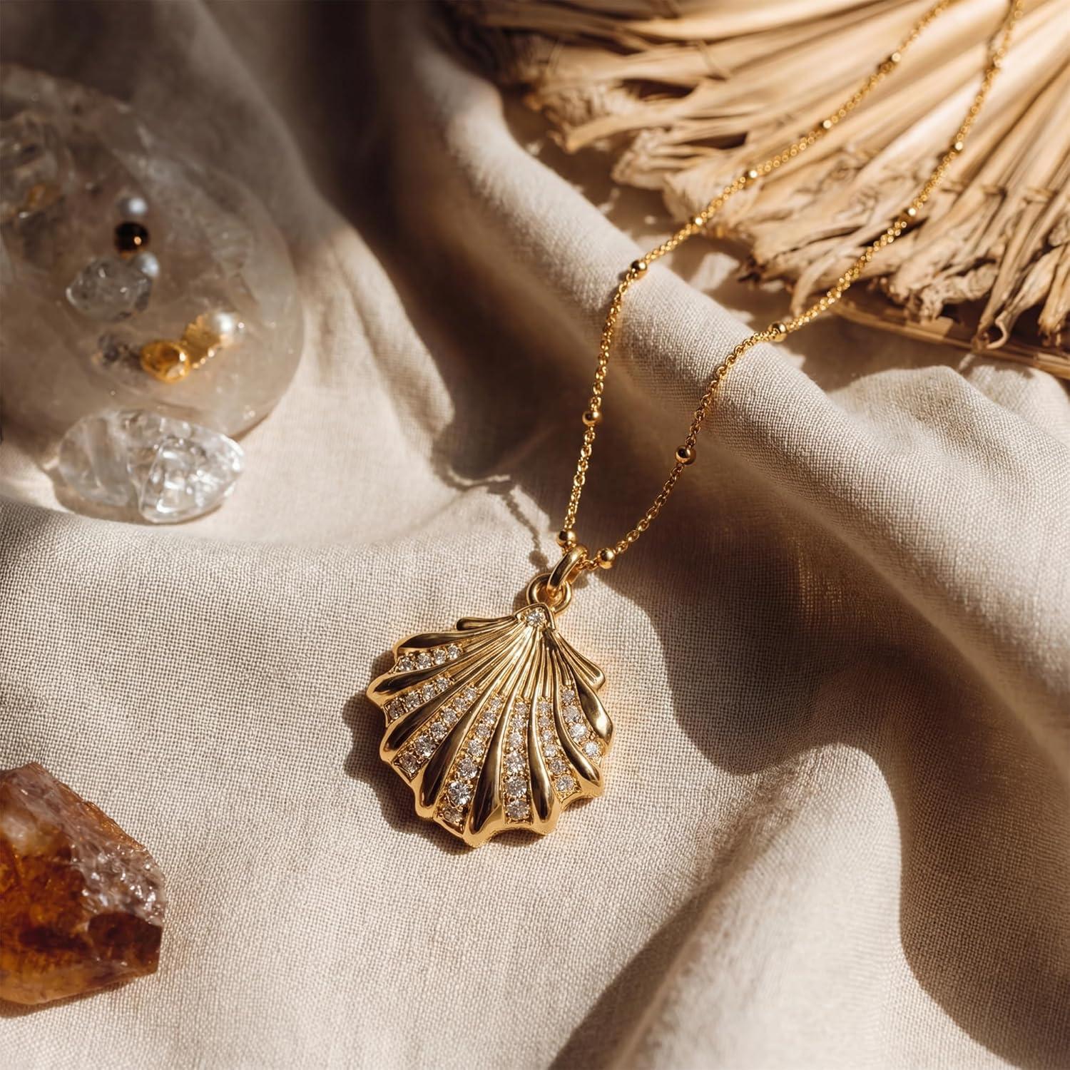 imageMEVECCO Dainty Gold Seashell Pendent Necklace Ocean Necklace for Women 18K Gold Plated Necklace Boho Handmade Summer Beach Necklace JewelryCZ Shell