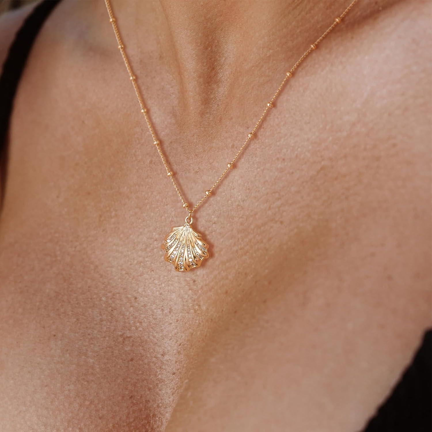 imageMEVECCO Dainty Gold Seashell Pendent Necklace Ocean Necklace for Women 18K Gold Plated Necklace Boho Handmade Summer Beach Necklace JewelryCZ Shell