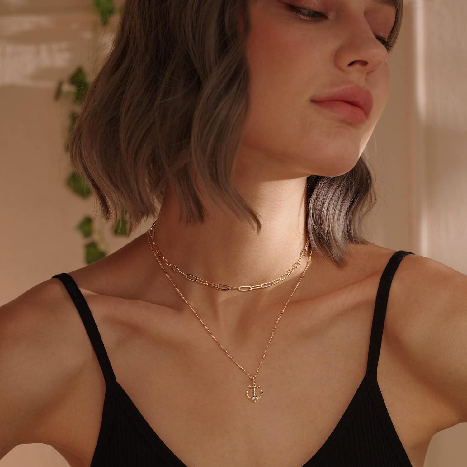 imageMEVECCO Layered Heart Necklace Pendant Handmade 18k Gold Plated Dainty Gold Choker Arrow Bar Layering Long Necklace for WomenLayer Anchor