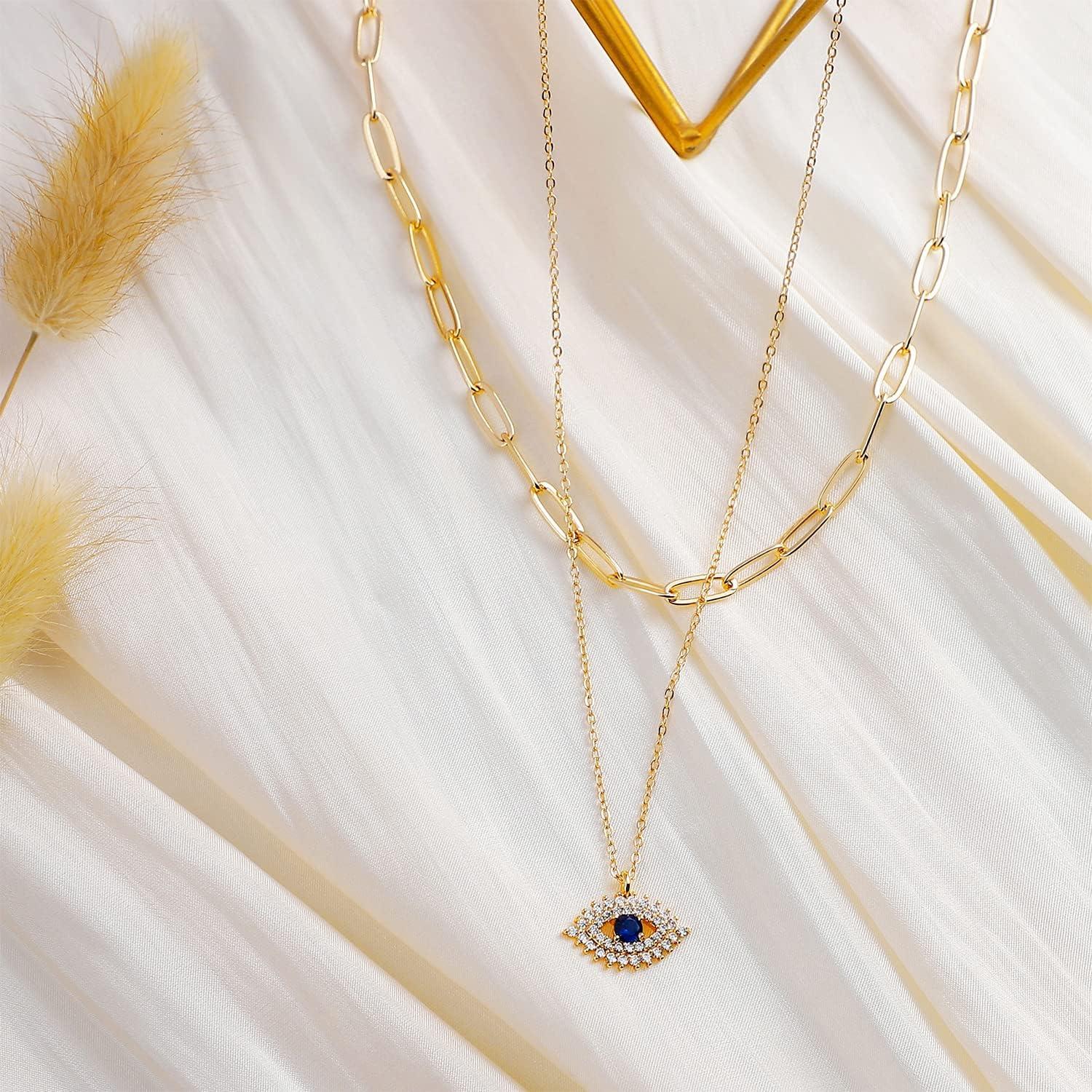 imageMEVECCO Layered Heart Necklace Pendant Handmade 18k Gold Plated Dainty Gold Choker Arrow Bar Layering Long Necklace for WomenLayer Blue Eyes