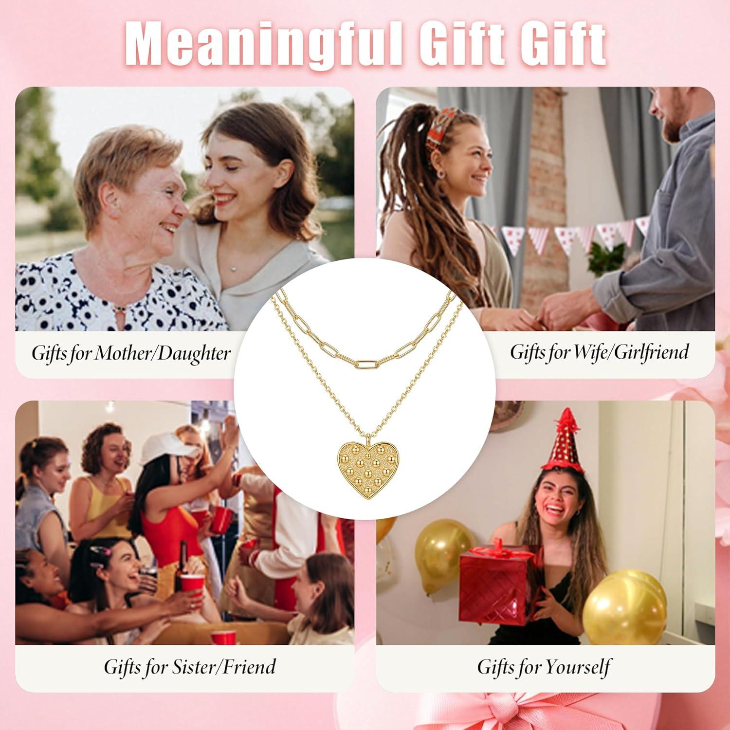 imageMEVECCO Layered Heart Necklace Pendant Handmade 18k Gold Plated Dainty Gold Choker Arrow Bar Layering Long Necklace for WomenLayer Dot Heart