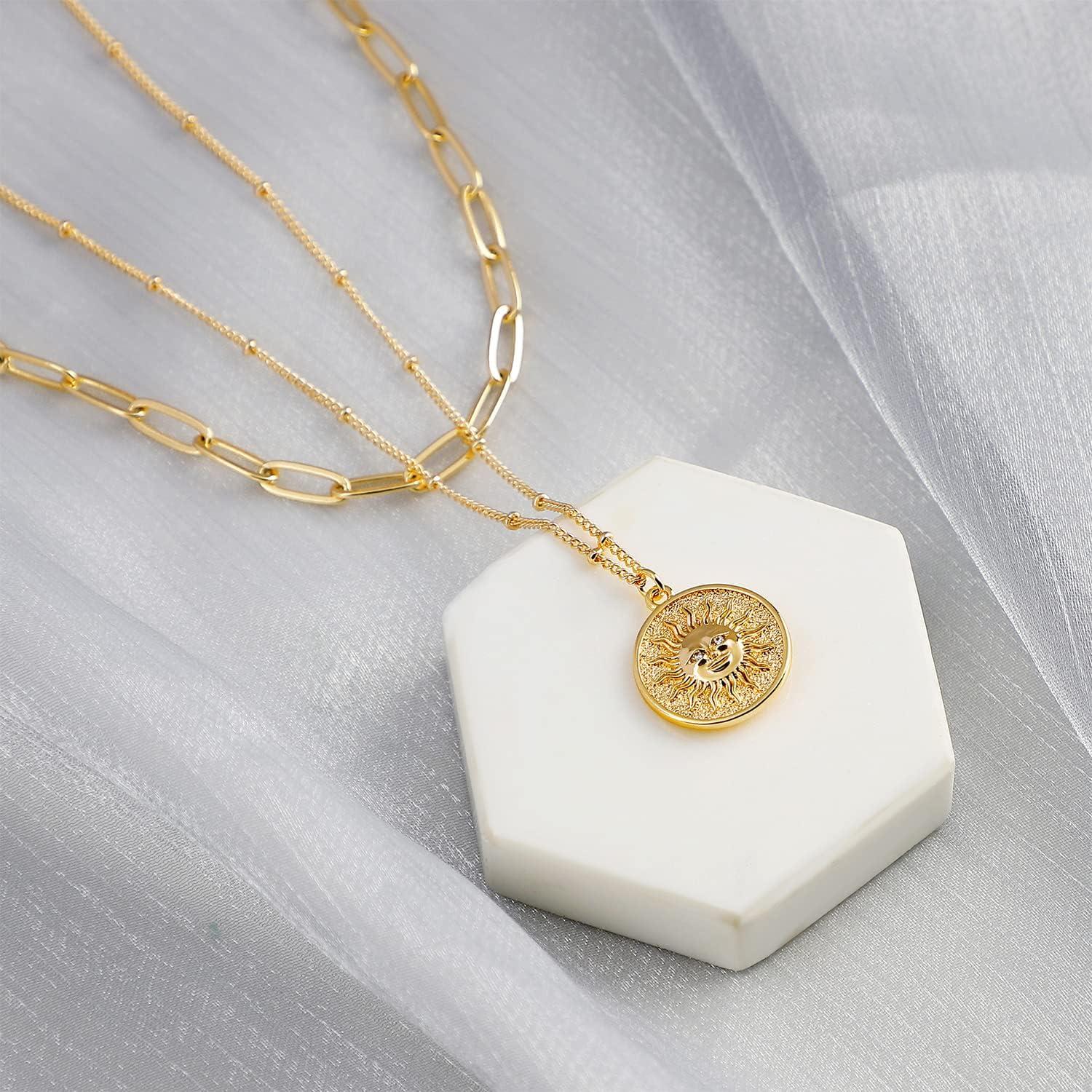 imageMEVECCO Layered Heart Necklace Pendant Handmade 18k Gold Plated Dainty Gold Choker Arrow Bar Layering Long Necklace for WomenLayer Sun Face