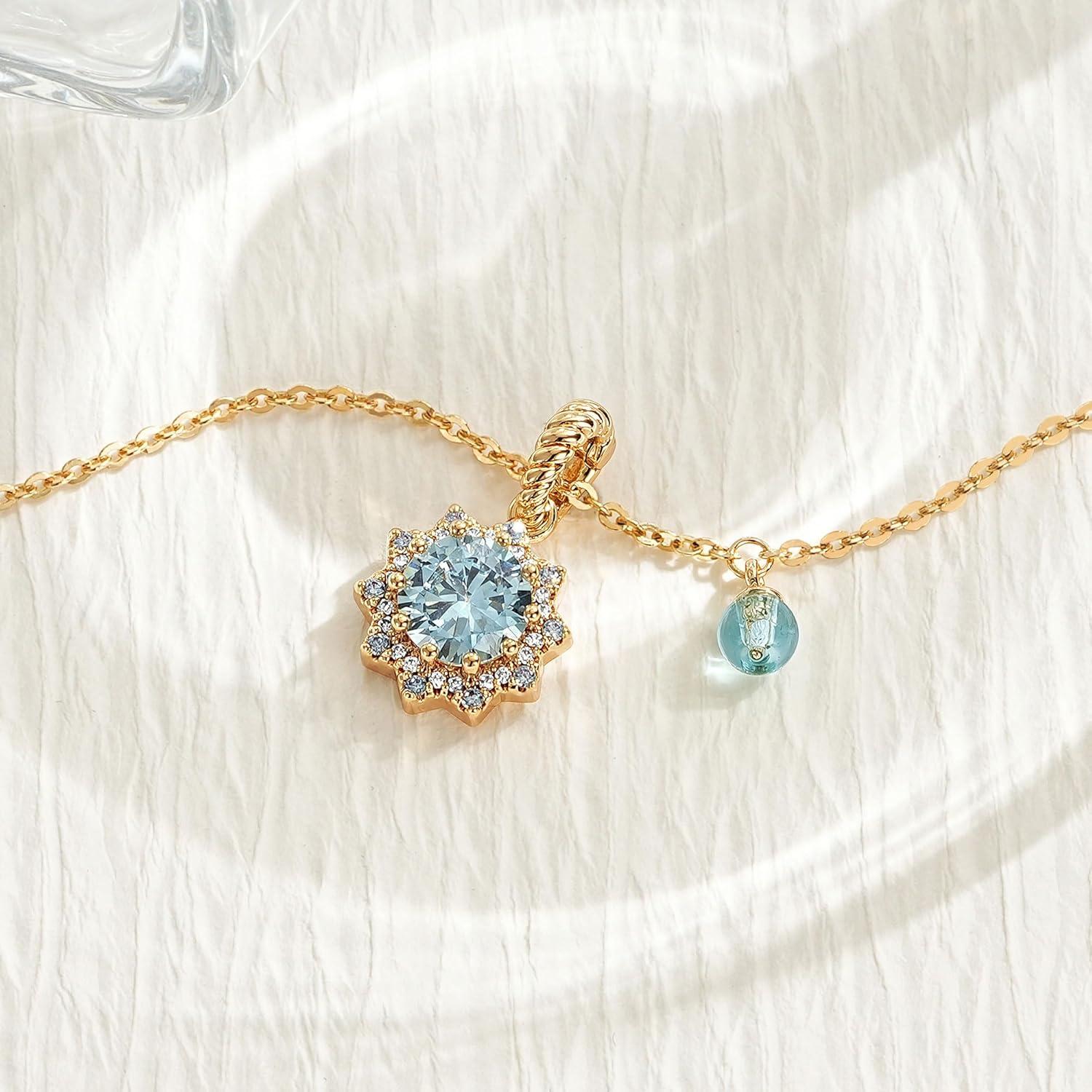 imageMEVECCO Radiant Sun Necklace for Women 14K Gold Plated Cubic Zirconia Birthstone Jewelry Removable Pendant DesignAqua Sun