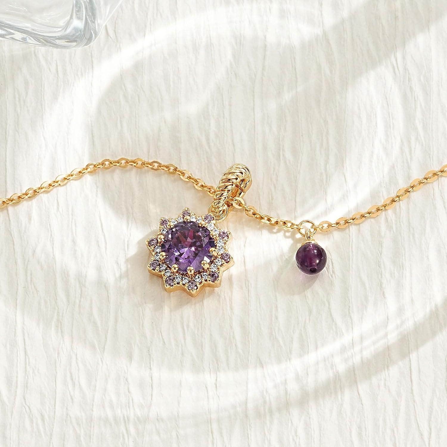 imageMEVECCO Radiant Sun Necklace for Women 14K Gold Plated Cubic Zirconia Birthstone Jewelry Removable Pendant DesignViolet Sun