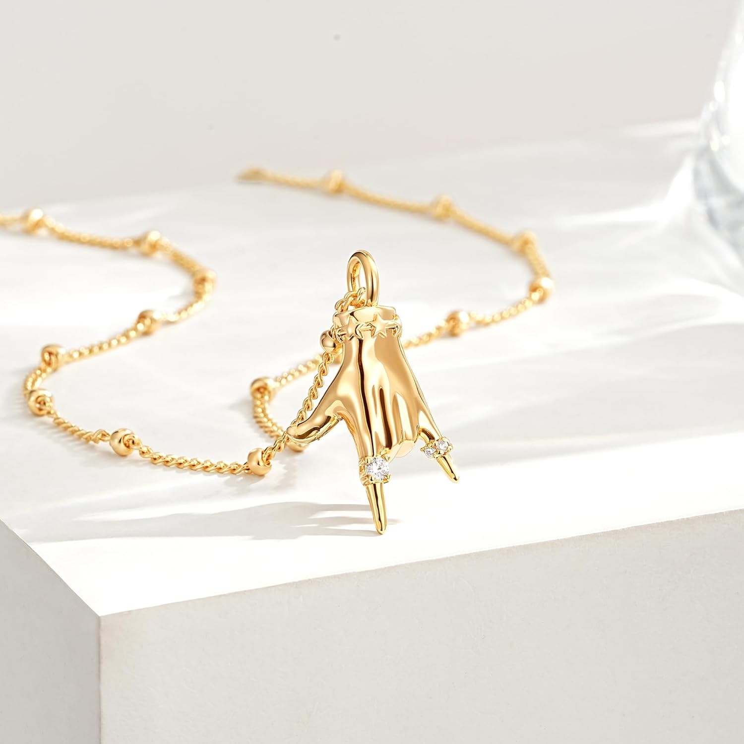 image:imageMEVECCO Hand Charm Pendant Necklace for Women 18K Gold Plated Cubic Zirconia Dainty Everyday JewelryLove Charm