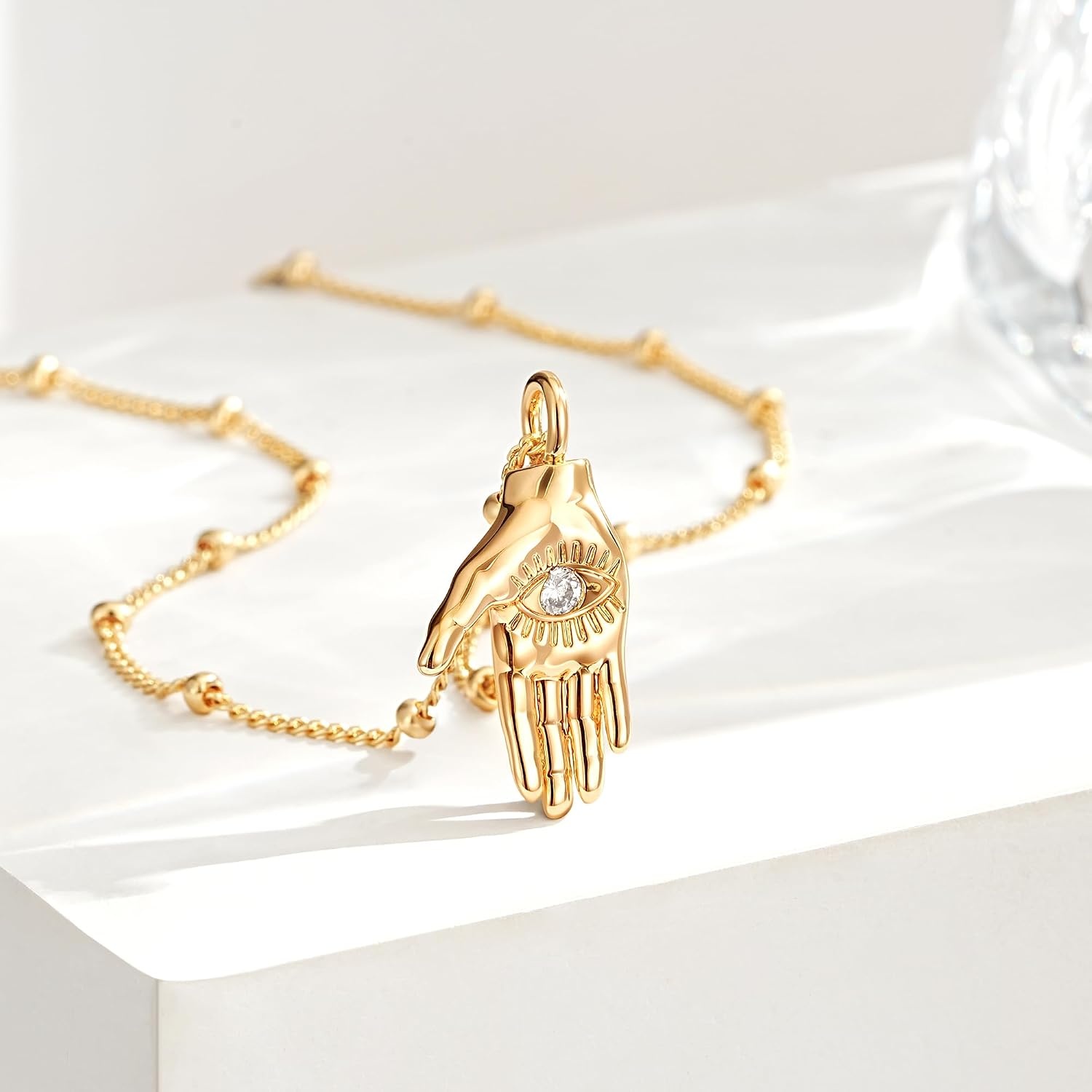 image:imageMEVECCO Hand Charm Pendant Necklace for Women 18K Gold Plated Cubic Zirconia Dainty Everyday JewelryOpen Palm